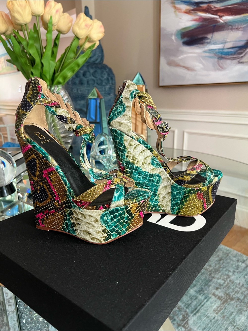 Scene Weaver Multi-Color Snake-Print Platform Wedge Sandals